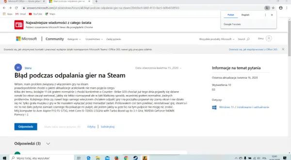 Zrzut ekranu z artykułu o błędach uruchamiania gier na Steam.