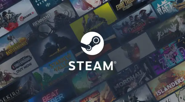 Logo Steam na tle kolaży okładek gier.