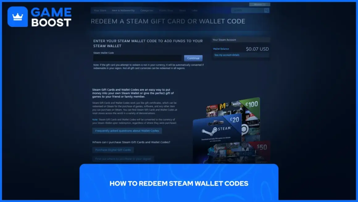 Grafika przedstawia stronę Steam z polem do wprowadzania kodu portfela i kilkoma kartami podarunkowymi.