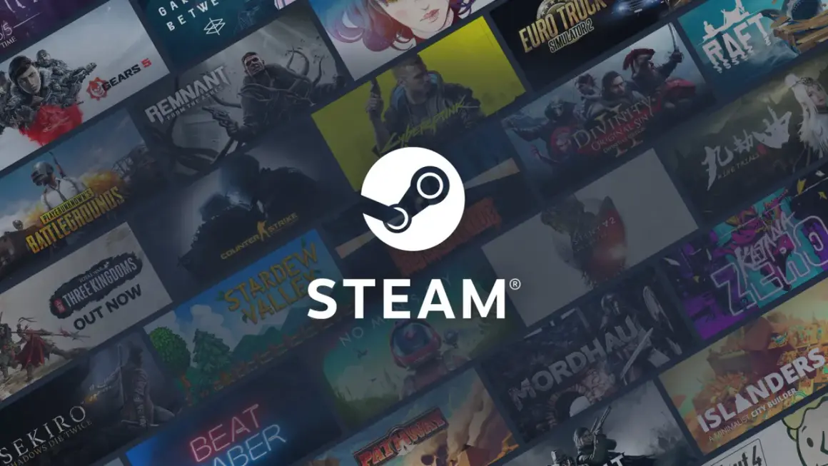 Logo Steam na tle kolaży okładek gier.